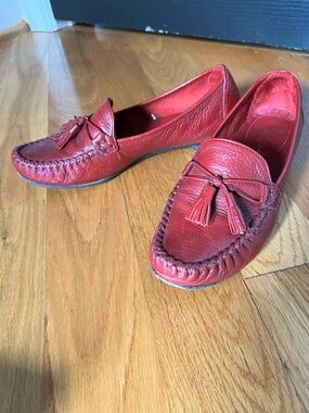 Cole Haan Red Leather Tassel Moccasin Flats